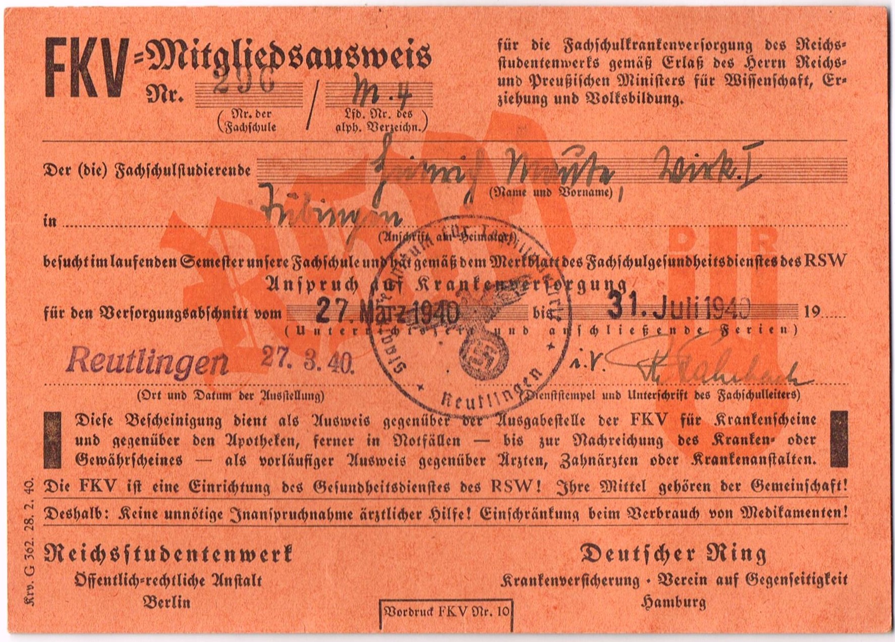 Photo FKV-Mitgliedsausweis Nr. 296